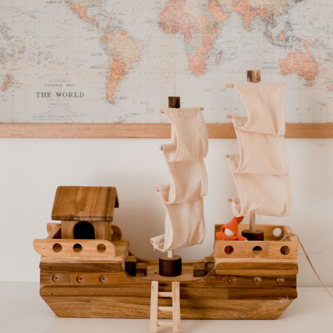 Wooden pirate ship with two sets of sails from QToys