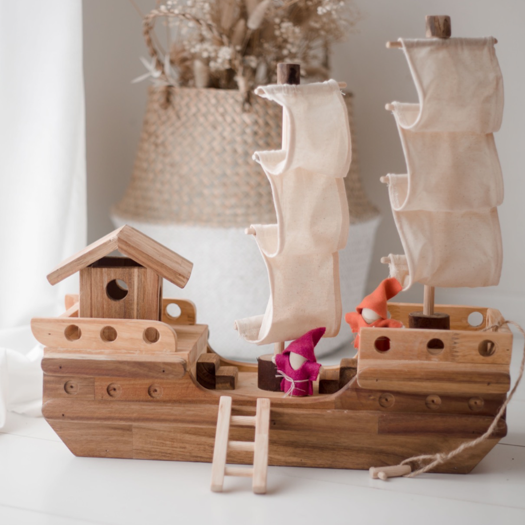 Wooden pirate ship with two sets of sails from QToys