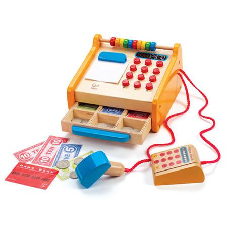 Wooden Hape pretend play Cash register with rainbow coloured abacus. Red buttons to push down and clipboard for small paper. A blue wooden scanner attached by cord and a card terminal with swipeable card.  Slots for coins and notes included.