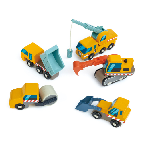 Set of 5 construction vehicles including excavator, crane truck, road roller, dump truck and front loader in beautiful vibrant colours of yellow, teal, red and blue.
