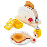 Hape Pop-Up Toaster Set with two slices of bread, butter with removable lid, jar of honey , plate and knife