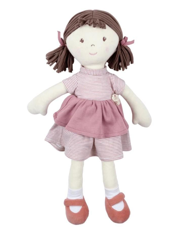 Brook doll shown with brown hair and pink ribbons with pink shoes and rose dress