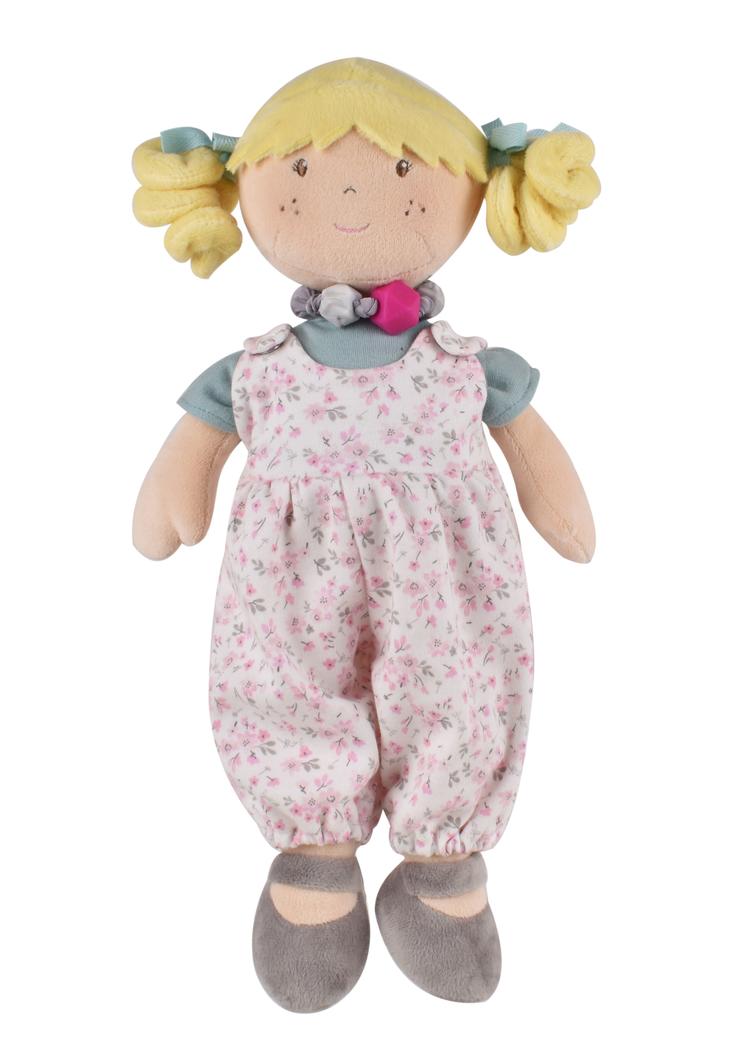 Bonikka doll my best friend Lucy with blonde pigtails, freckles no brown eyes. Wearing a floral jumpsuit and grey shoes
