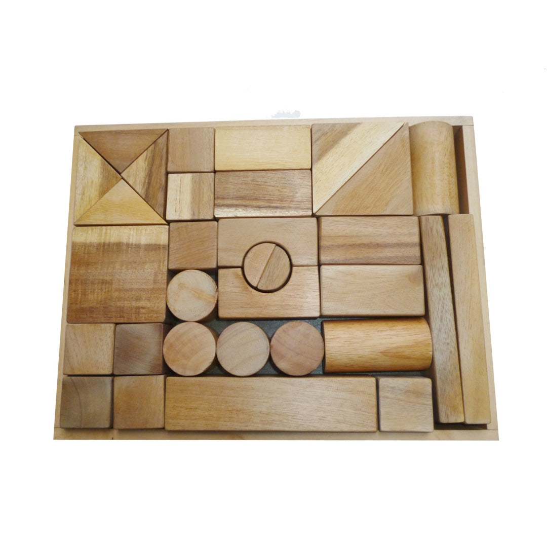 Natural Wooden Block set from QToys complete with 34 blocks in a wooden storage container. Shapes include triangles, rectangles, squares, semi-circles, cylinders, arches.