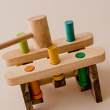 Shows a hand using the hammer to pound the pegs of the wooden pound a peg toy from QToys. Perfect for toddlers