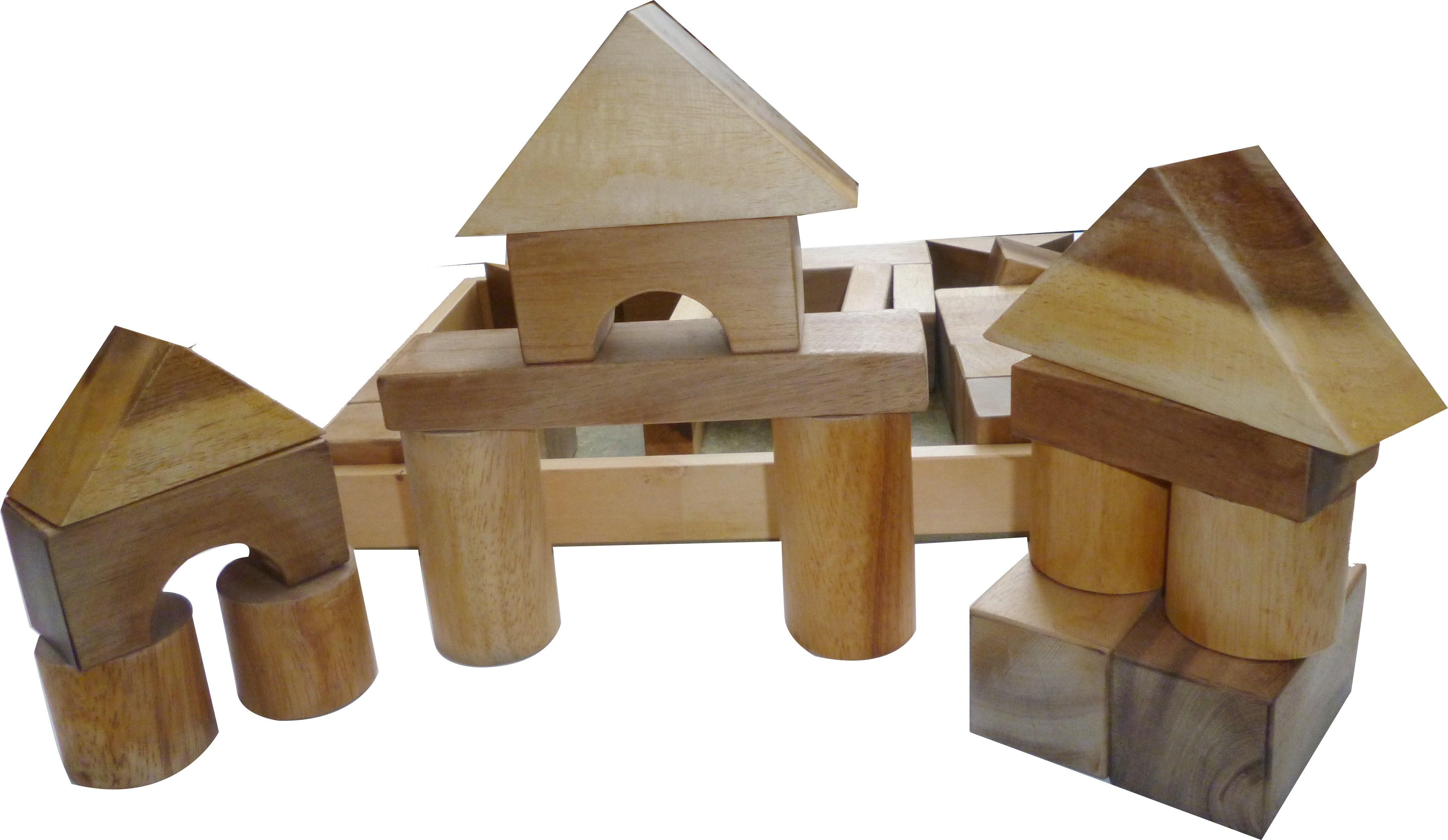 Natural Wooden Block set from QToys complete with 34 blocks in a wooden storage container. Shapes include triangles, rectangles, squares, semi-circles, cylinders, arches.