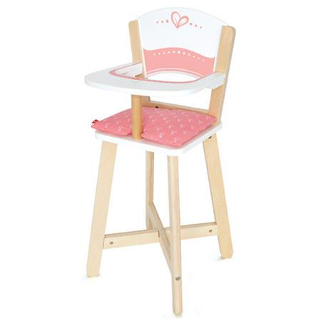 Wooden Hape high chair with pink and white detailing.