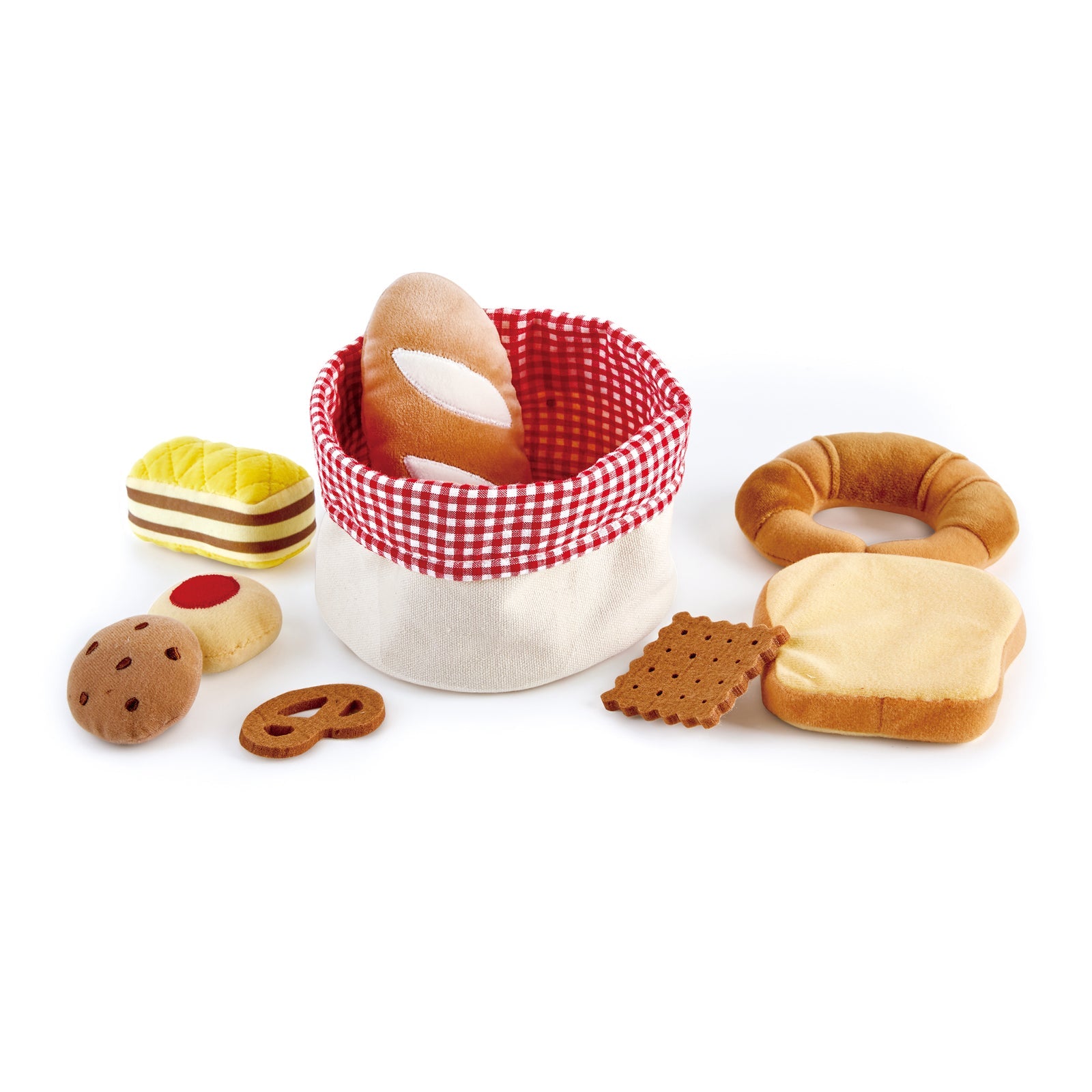 Hape toddler bread basket with baguette, croissant, layer cake, pretzel, choc chip cookie, jam cookie, piece of toast, soda biscuit