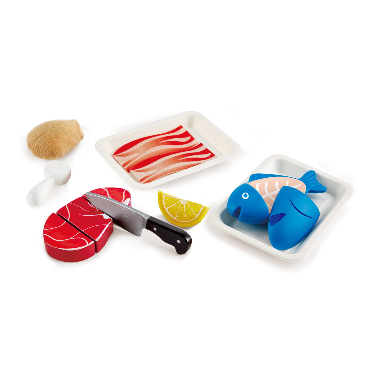 Protein set including blue pull apart fish showing bones, steak which can be cut into 3 pieces, 2 bacon rashers, chicken drumstick which can be pulled apart and a knife and lemon wedge