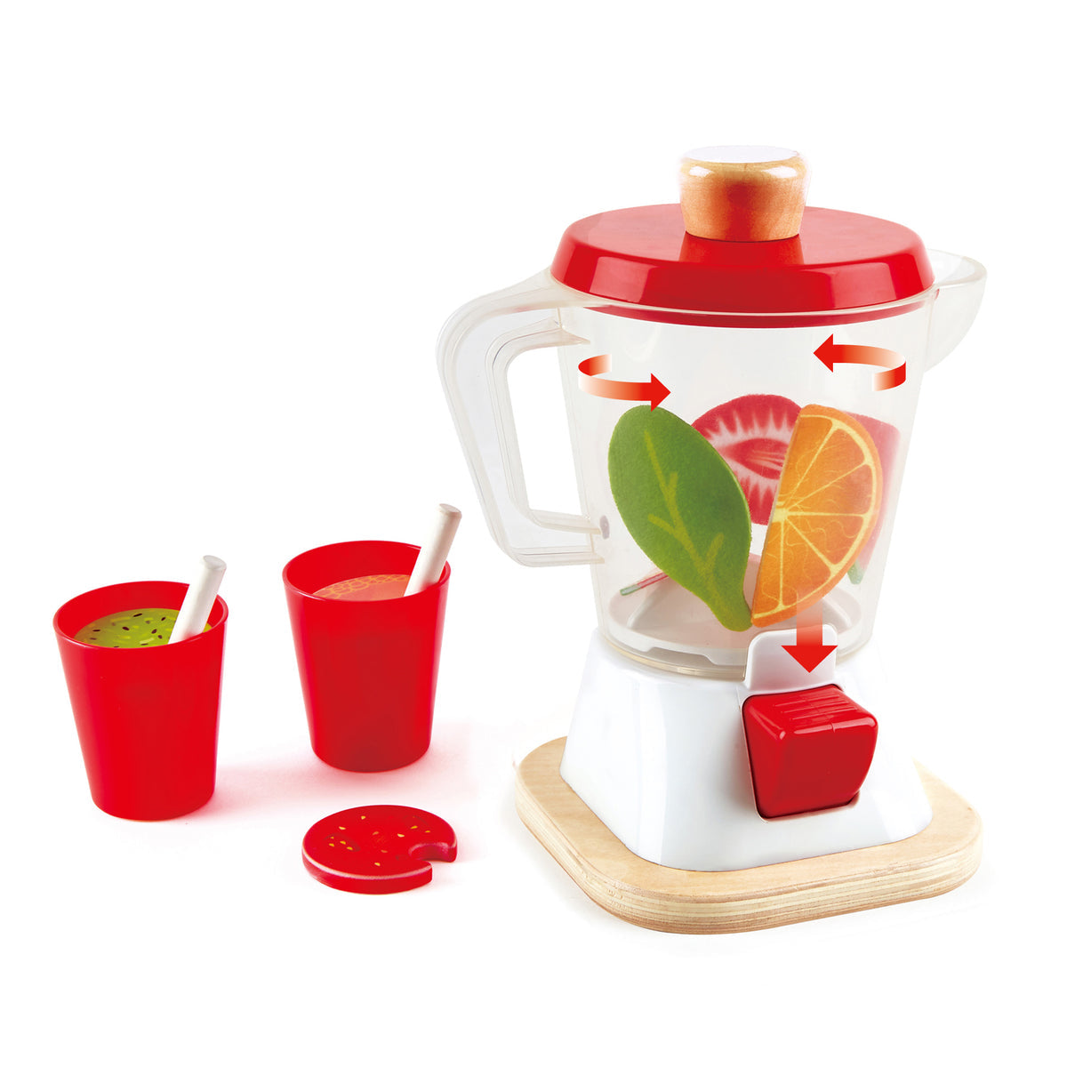 Smoothie blender shown with orange strawberry and spinach rotating. Included with 2 cups and straws