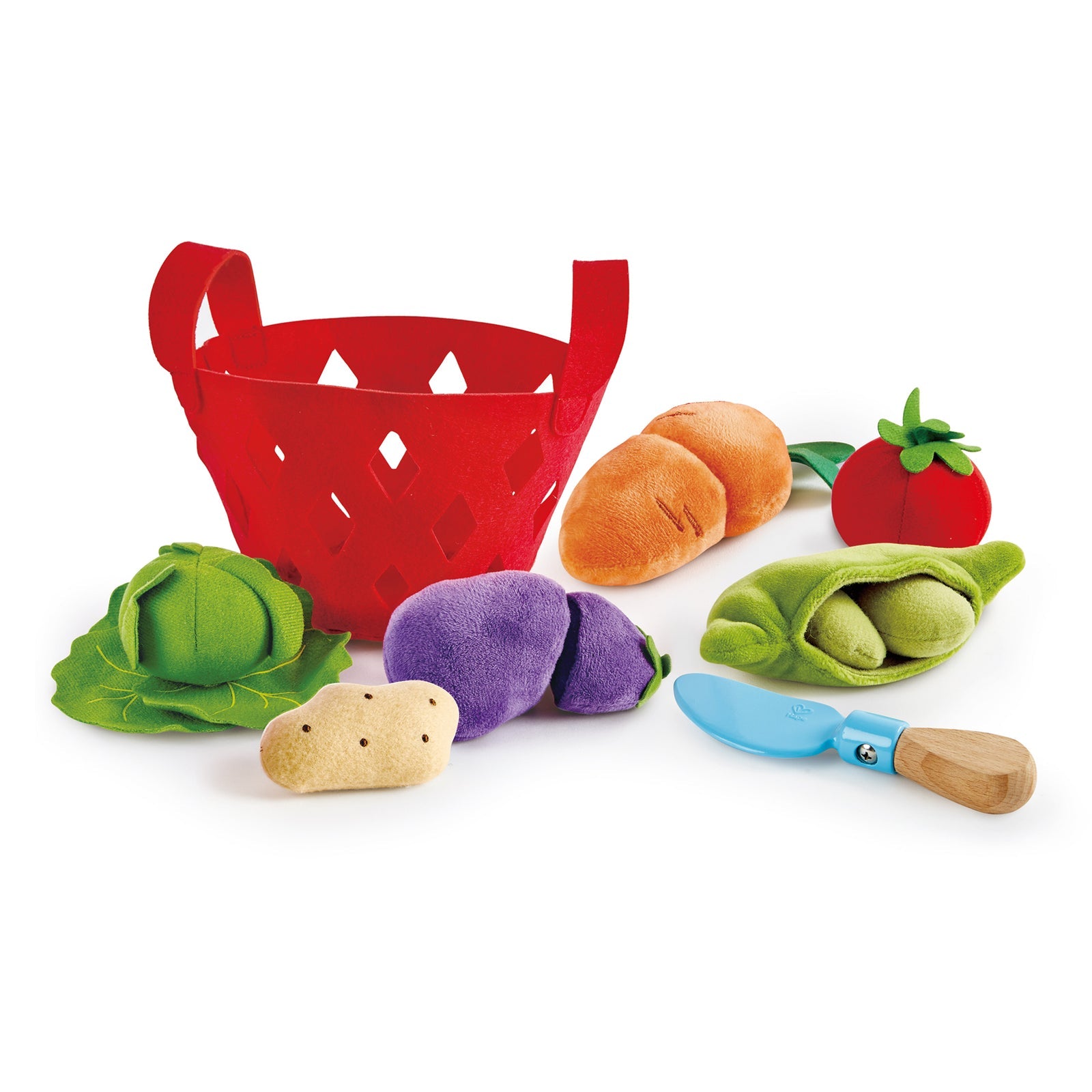 Hape toddler vegetable basket with soft cabbage with removable leaves, pea pod with removable peas, tomato, potato and eggplant and carrot that can be chopped in half with included knife