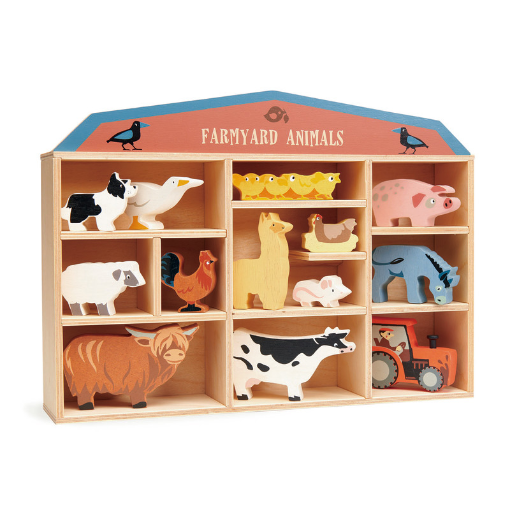 Vibrant rubber wood set of 13 farmyard figurines.  Includes English Shepherd Dog, Goose, Sheep, Rooster, Highland Cow, Chicks, Alpaca, Chicken, Mouse, Cow, Pig, Donkey, Tractor