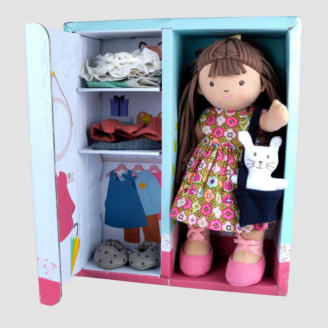 Bonikka Sofia doll with movable limbs in her gift box with spar clothes. Box forms her wardrobe.