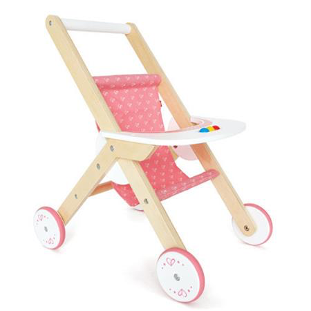Hape stroller with pink fabric and pink wheels