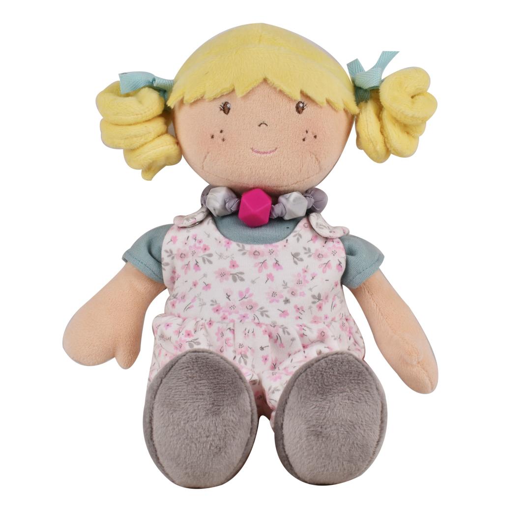 Bonikka my best friend Lucy with blonde pigtails and floral jumpsuit. She wears a necklace which can be used as a friendship bracelet