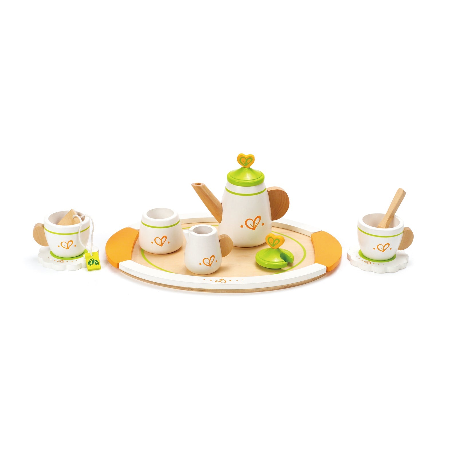 Hape wooden tea set with two white and green cups, a sugar pot, milk jar, tea pot, 2 coasters and a wooden spoon, and tea bag, set on a beautiful wooden tray with orange handles
