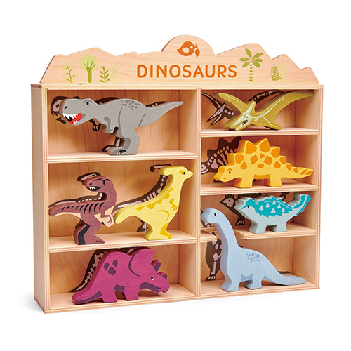 8 rubber wood dinosaur figurines displayed in a wooden dispaly shelf. Includes Tyrannosaurus Rex, Velociraptor, Parasaurolophus, Triceratops, Pterodactyl, Stegosaurus, Ankylosaurus, Brachiosaurus in bright vibrant colours