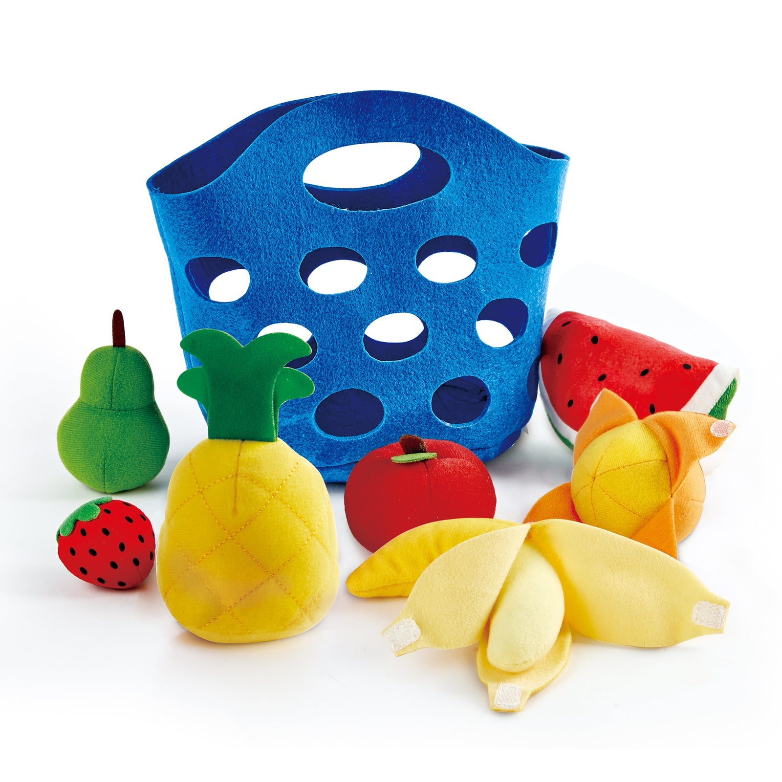 Hape toddler fruit basket showing pineapple, strawberry, pear, apple, watermelon and peel-able orange and banana