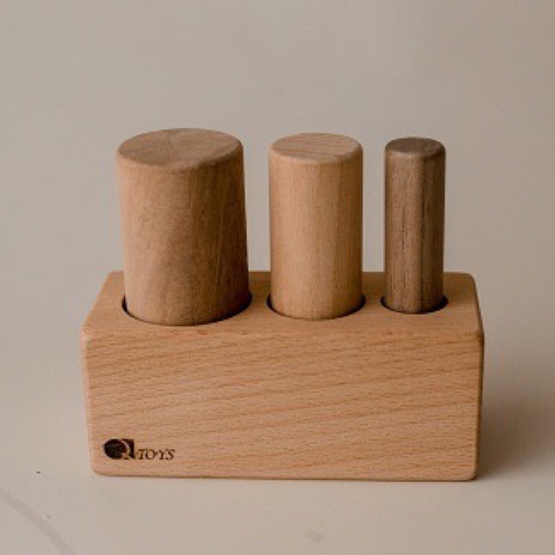 Wooden pole puzzle from QToys with 2 poles of different diameters fitting into a wooden base
